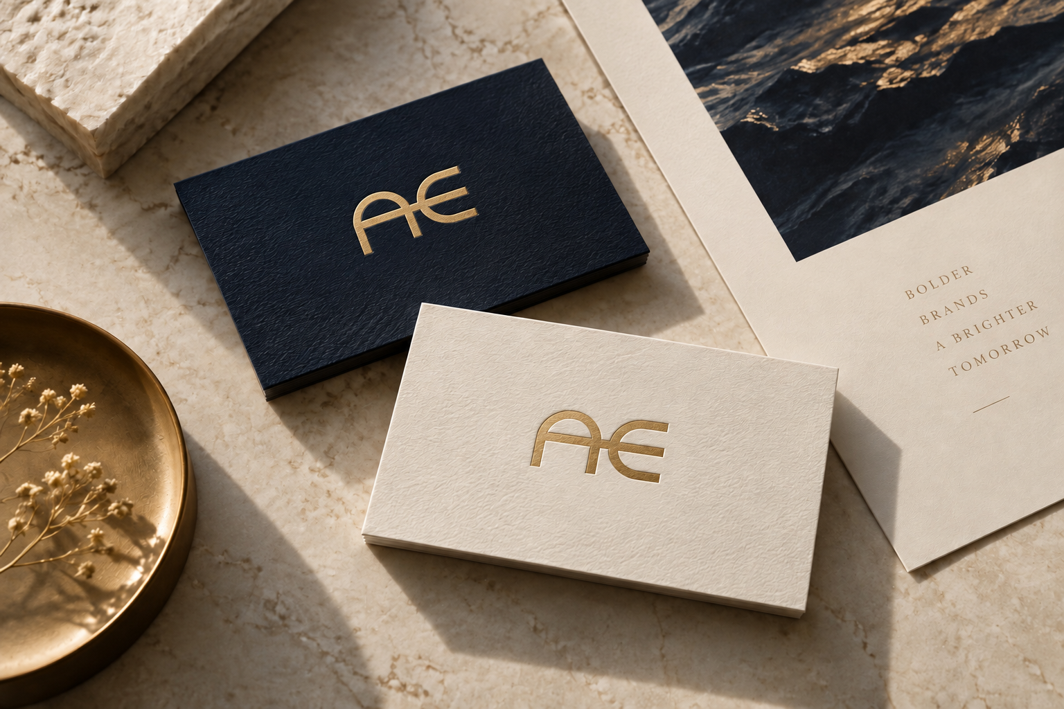 Navy and ivory business cards featuring the connected AE logo in gold foil